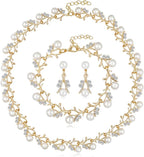 Rhinestone Pearl Wedding Jewelry Set for Bride Bridesmaid Bohemia Adjustable Beaded Crystal Bracelet Necklace Exaggerated Pearl Earring Set for Women