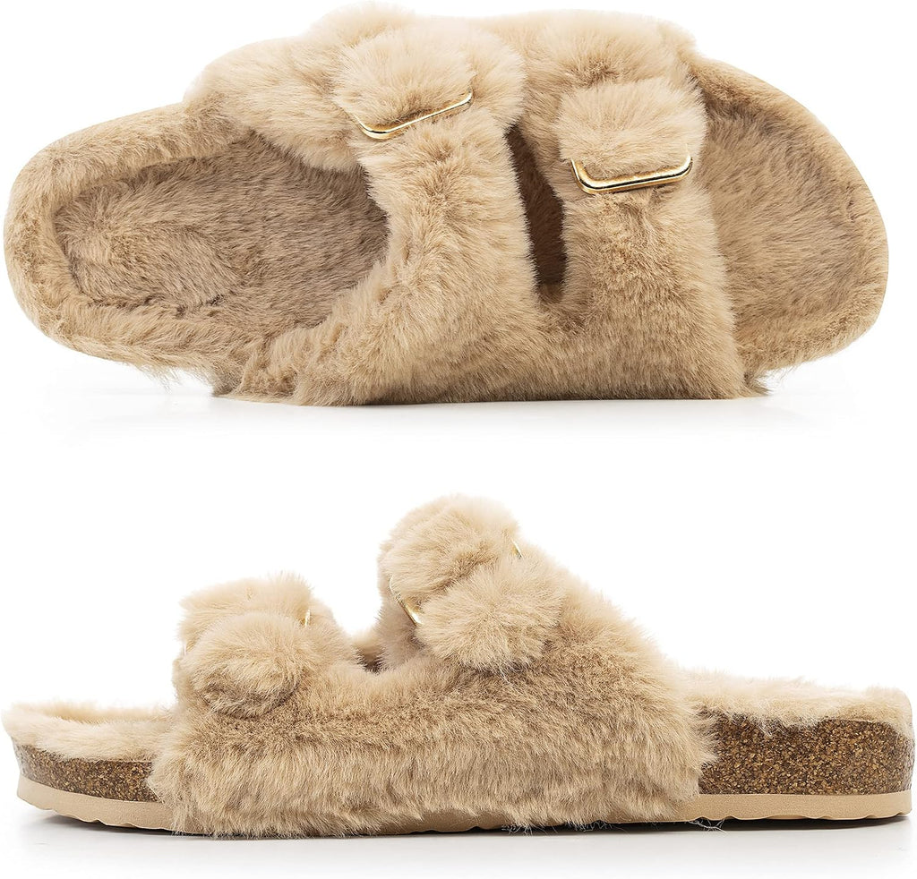 Womens Open Toe Slippers,Faux Rabbit Fur Cork Slides Sandals