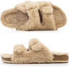 Womens Open Toe Slippers,Faux Rabbit Fur Cork Slides Sandals