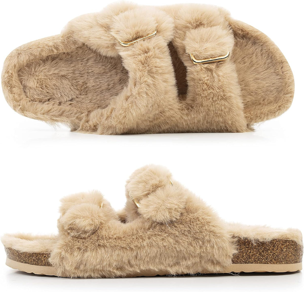 Womens Open Toe Slippers,Faux Rabbit Fur Cork Slides Sandals