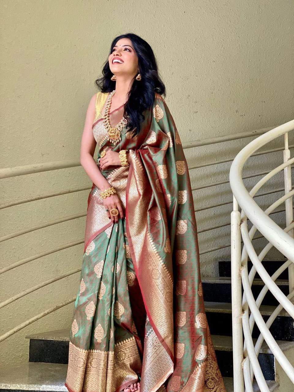 Indian Sarees for Women, Banarasi Art Silk Sari with Unstitched Blouse Piece, Wedding and Festive Wear