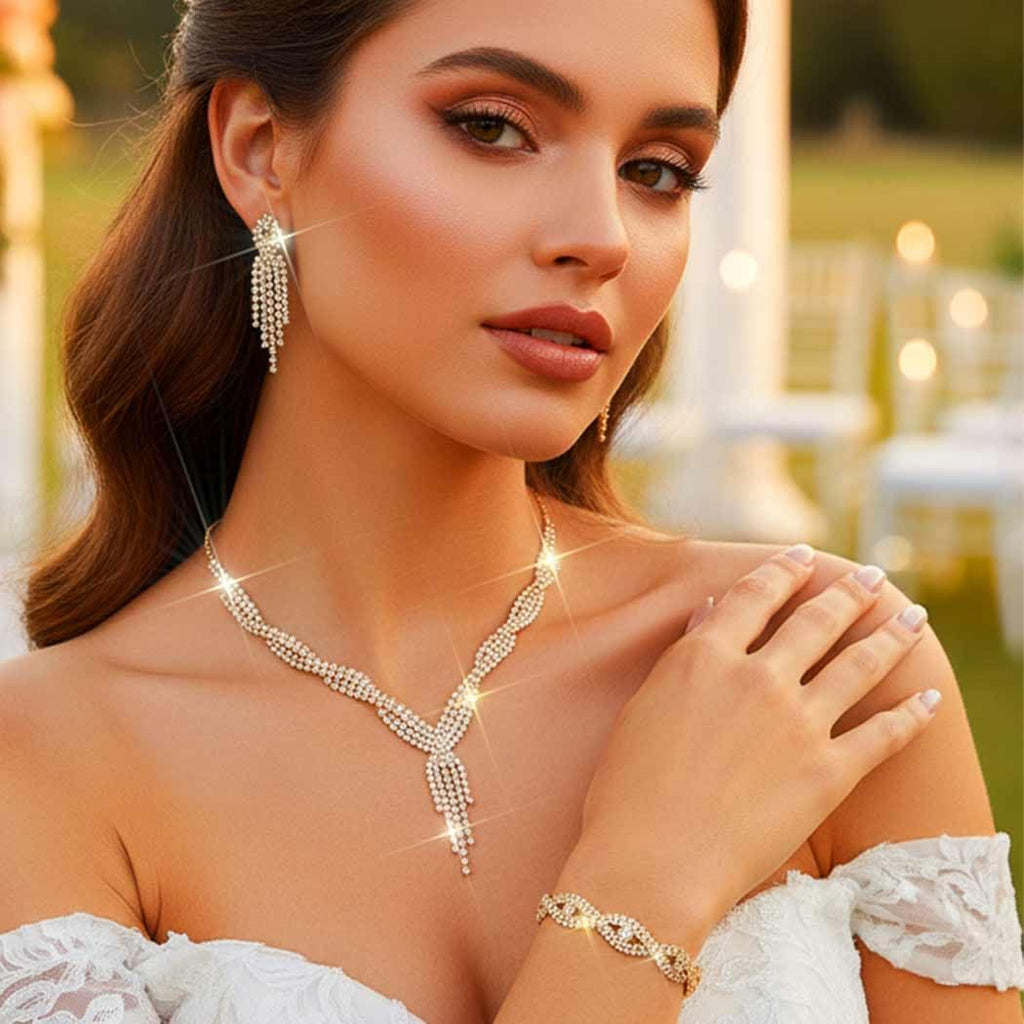 Rhinestones Prom Bridal Jewelry Set Sparkly Wedding Necklace Earrings Bracelet Sets for Women and Brides