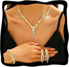 Rhinestones Prom Bridal Jewelry Set Sparkly Wedding Necklace Earrings Bracelet Sets for Women and Brides