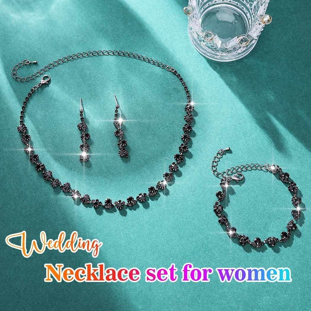 Bridal Wedding Jewelry Set Silver Rhinestones Choker Necklaces Earrings Bracelet Sets Prom Jewelry for Women and Brides
