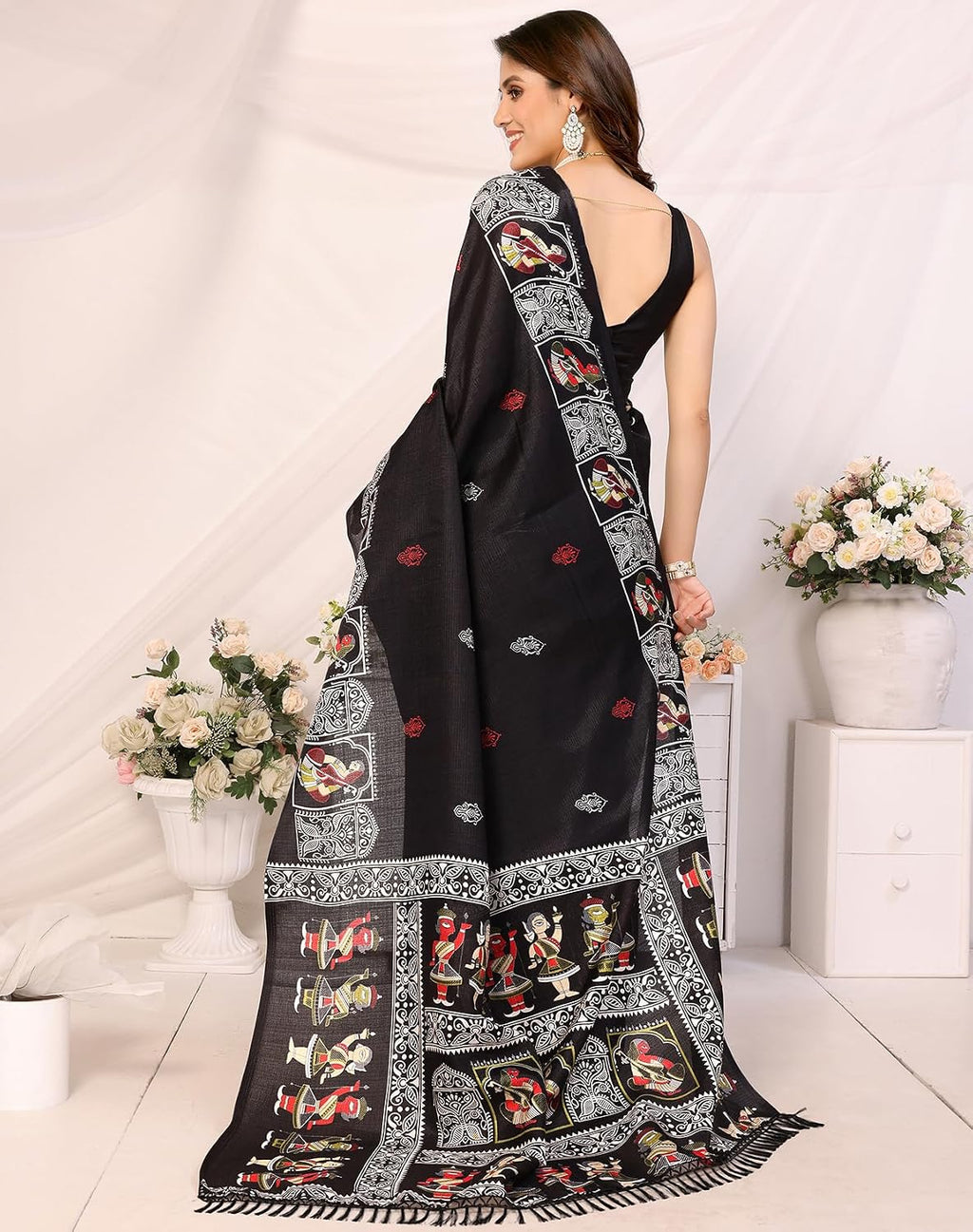 Womens Silk Pom Pom Woven Saree with Unstitched Blouse