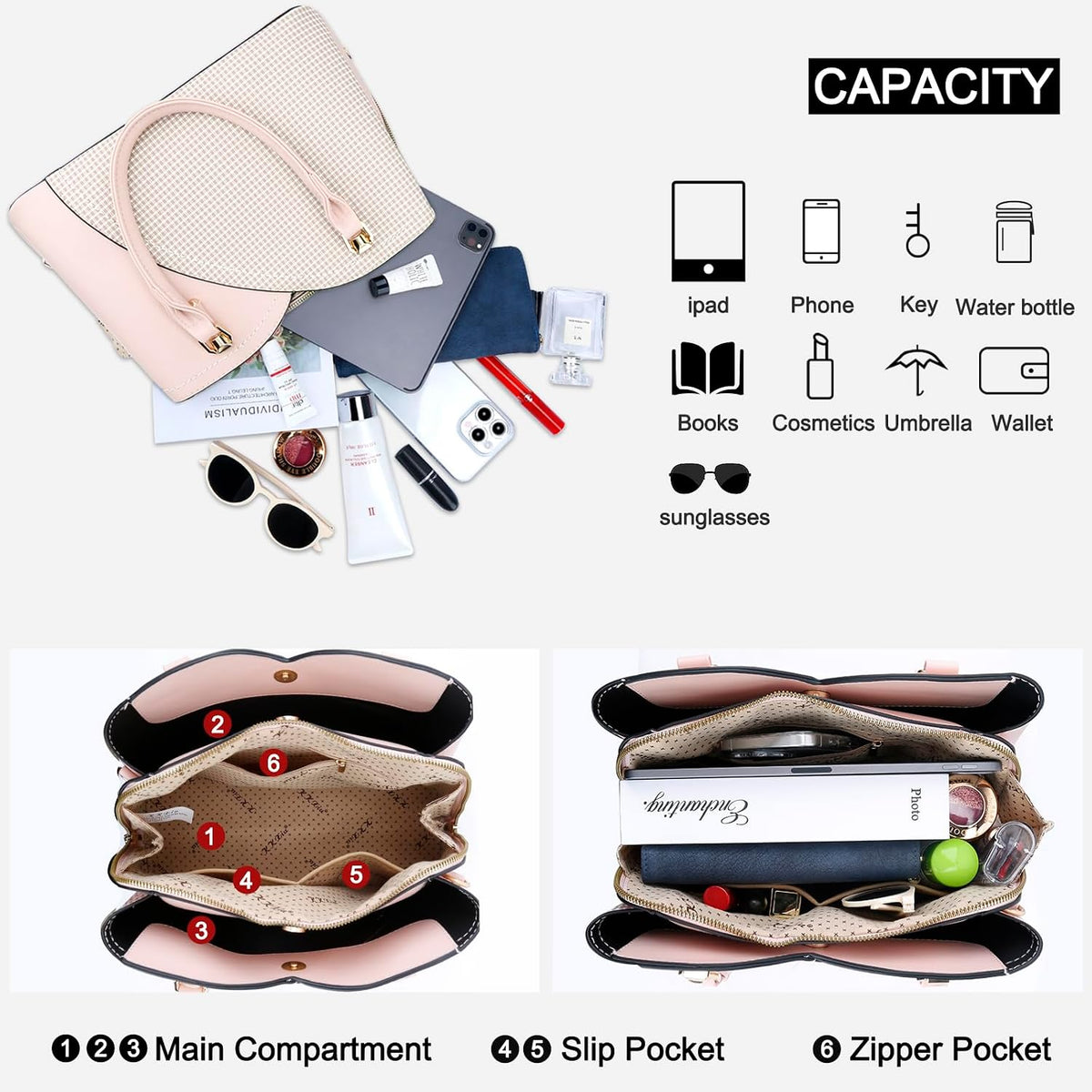 Triple Compartments Purses and Handbags for Women Fashion Ladies Satchel Shoulder Top Handle Bag
