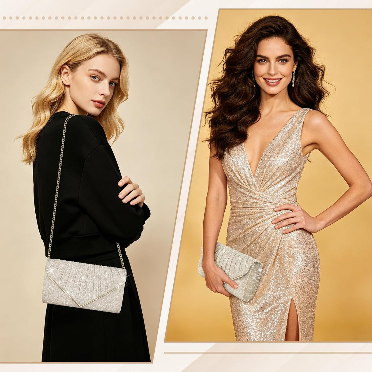 Shiny Clutch Purses for Women, Sequin Envelope Evening Bag Handbags with Chain, Fashion Sparkly Purse for Formal Dressy Wedding Cocktail Prom Party(Champagne)