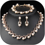 Rhinestone Pearl Wedding Jewelry Set for Bride Bridesmaid Bohemia Adjustable Beaded Crystal Bracelet Necklace Exaggerated Pearl Earring Set for Women