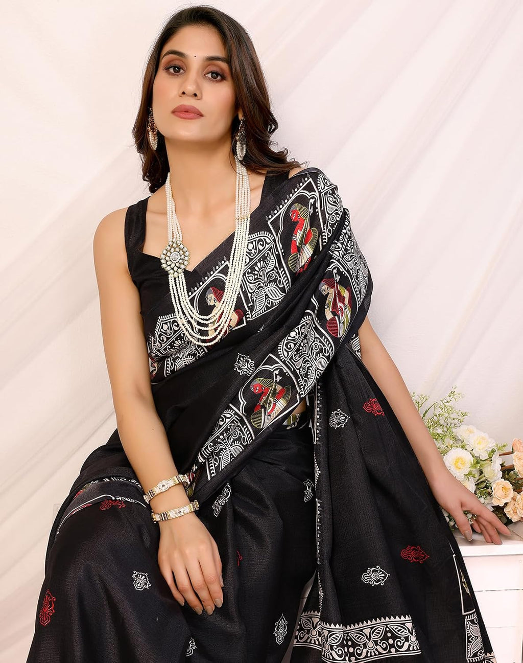 Womens Silk Pom Pom Woven Saree with Unstitched Blouse