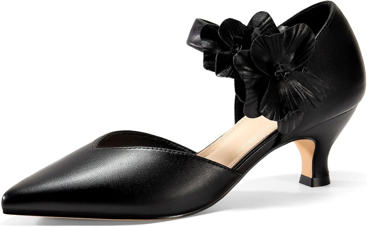 Womens Low Kitten Heels Dressy Shoes Comfortable Closed Toe Flower Slip on Formal Party Dance Heeled Pumps