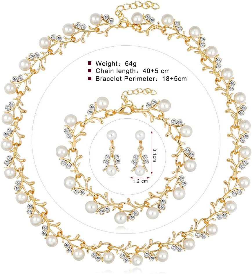 Rhinestone Pearl Wedding Jewelry Set for Bride Bridesmaid Bohemia Adjustable Beaded Crystal Bracelet Necklace Exaggerated Pearl Earring Set for Women
