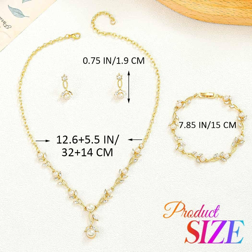 Pearl Jewelry Set Gold Prom Formal Necklace Earrings Bracelet Sets Rhinestone Bridal Wedding Jewelry Sets for Women and Brides
