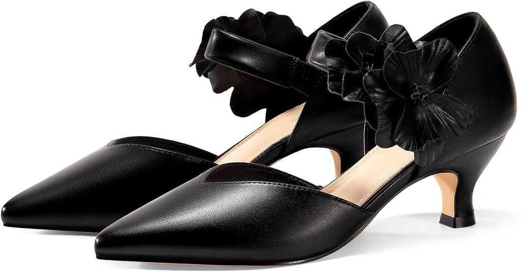 Womens Low Kitten Heels Dressy Shoes Comfortable Closed Toe Flower Slip on Formal Party Dance Heeled Pumps