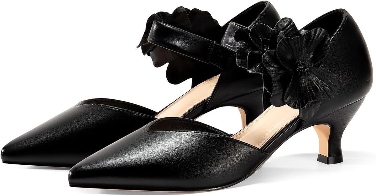 Womens Low Kitten Heels Dressy Shoes Comfortable Closed Toe Flower Slip on Formal Party Dance Heeled Pumps