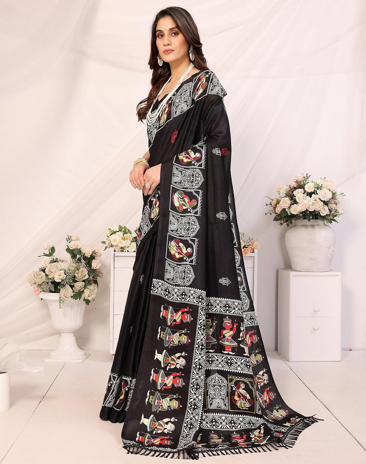 Womens Silk Pom Pom Woven Saree with Unstitched Blouse