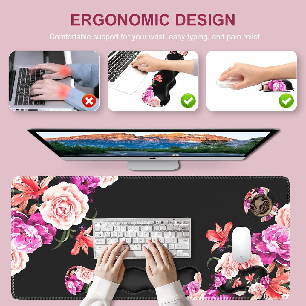 Mouse Pad Set, Peony Flower Desk Mat for Keyboard and Mouse