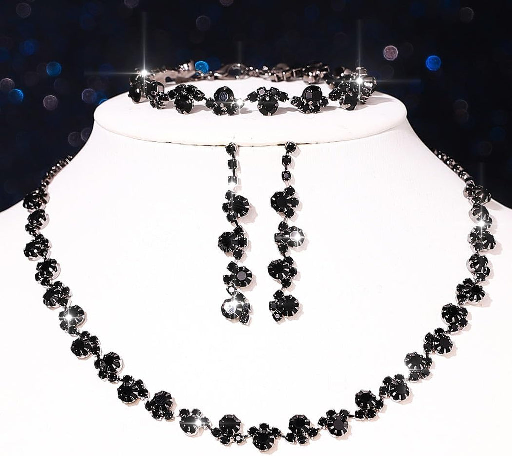 Bridal Wedding Jewelry Set Silver Rhinestones Choker Necklaces Earrings Bracelet Sets Prom Jewelry for Women and Brides