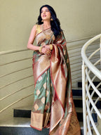 Indian Sarees for Women, Banarasi Art Silk Sari with Unstitched Blouse Piece, Wedding and Festive Wear