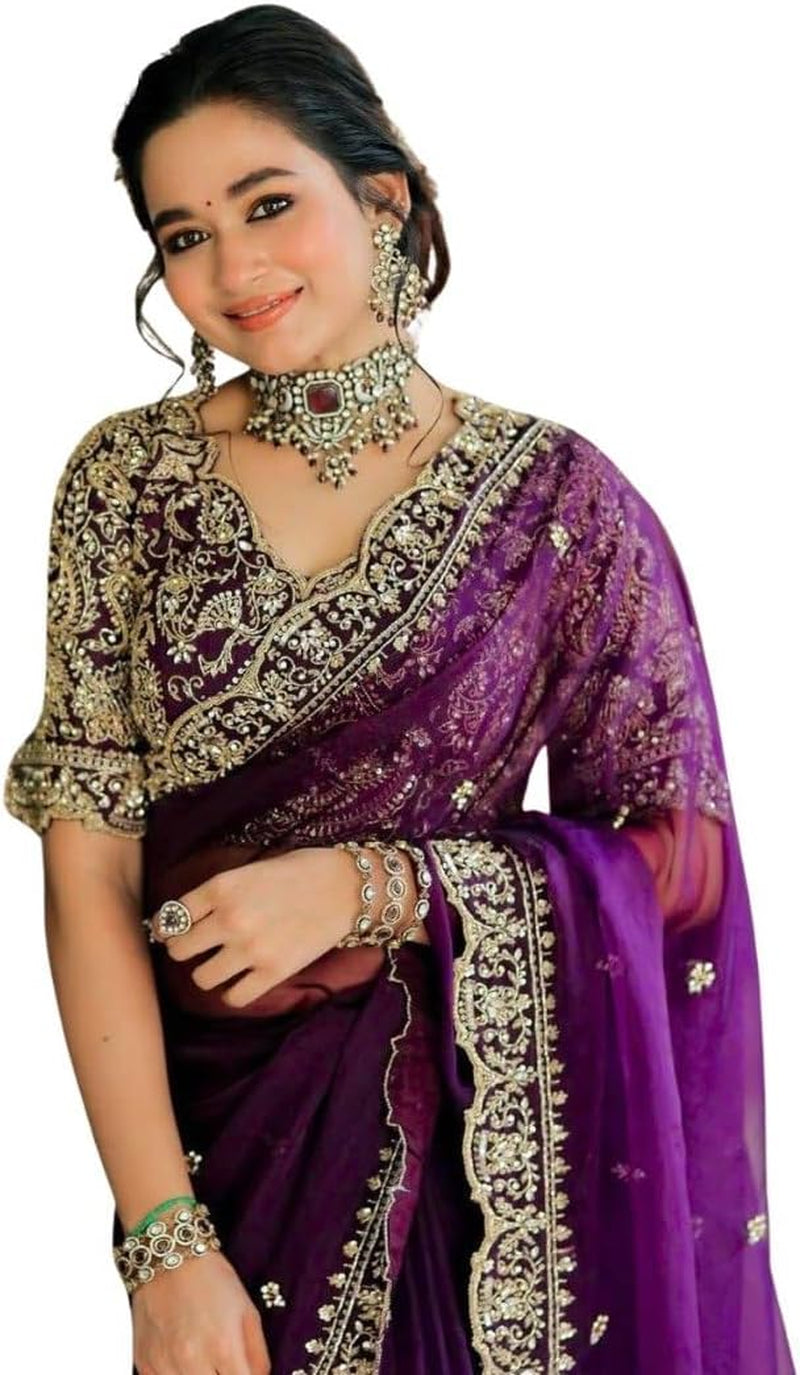 Women'S Oragnza Silk Embroderiy Sequance Work Saree for Women with Unstitched Blouse Piece