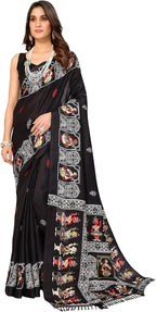 Womens Silk Pom Pom Woven Saree with Unstitched Blouse