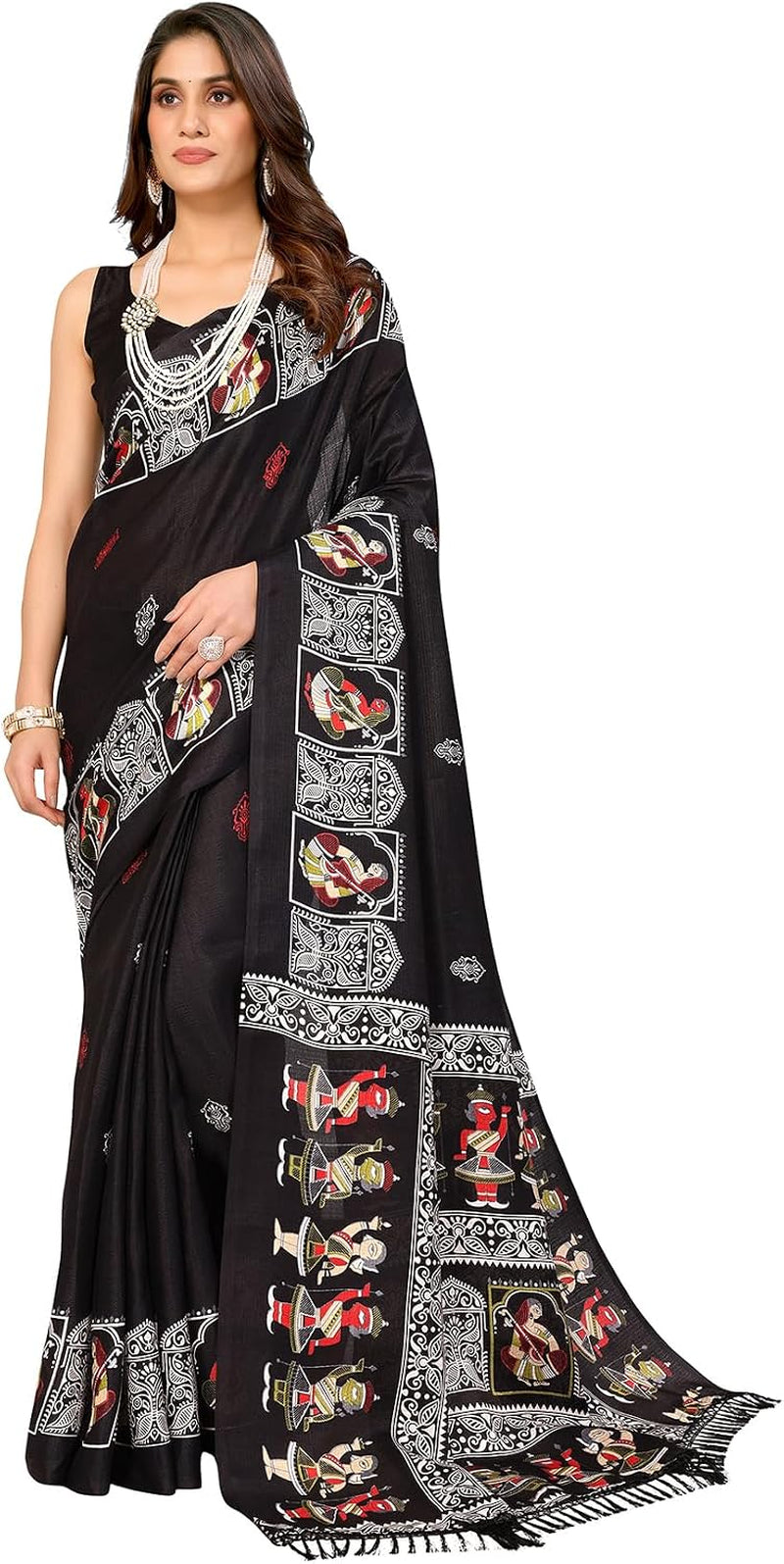 Womens Silk Pom Pom Woven Saree with Unstitched Blouse