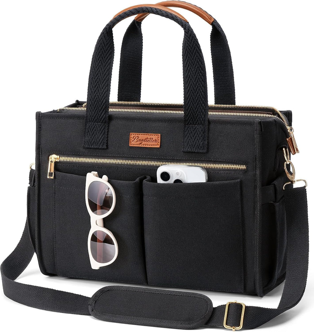 Canvas Tote Bag for Women, 15-Pockets Work Laptop Tote Purse Large Crossbody Nurse Teacher Bible Bag for School Travel Daily