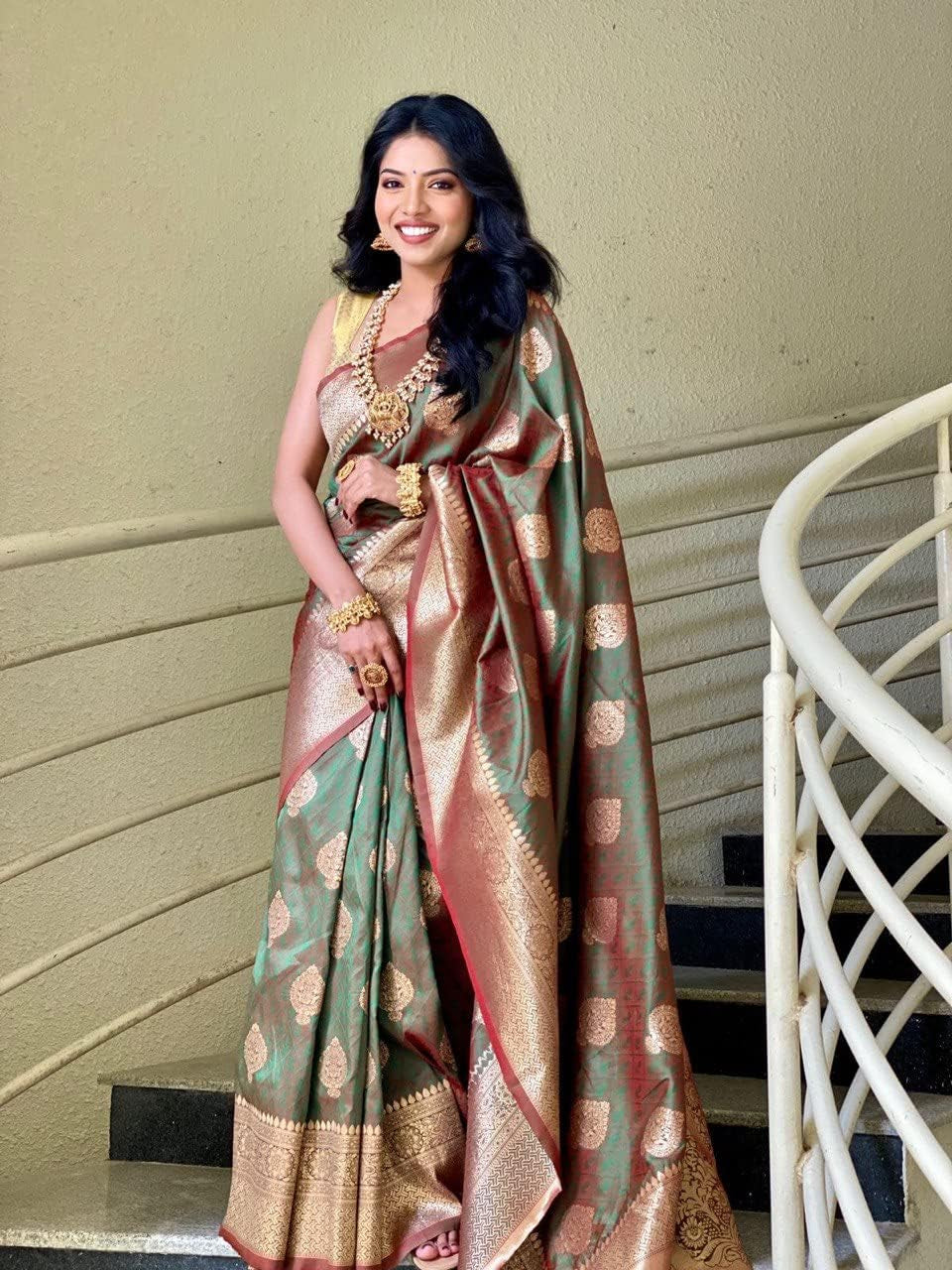 Indian Sarees for Women, Banarasi Art Silk Sari with Unstitched Blouse Piece, Wedding and Festive Wear