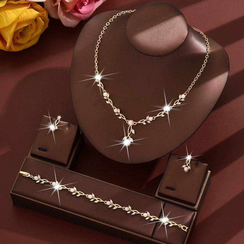Pearl Jewelry Set Gold Prom Formal Necklace Earrings Bracelet Sets Rhinestone Bridal Wedding Jewelry Sets for Women and Brides