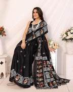Womens Silk Pom Pom Woven Saree with Unstitched Blouse
