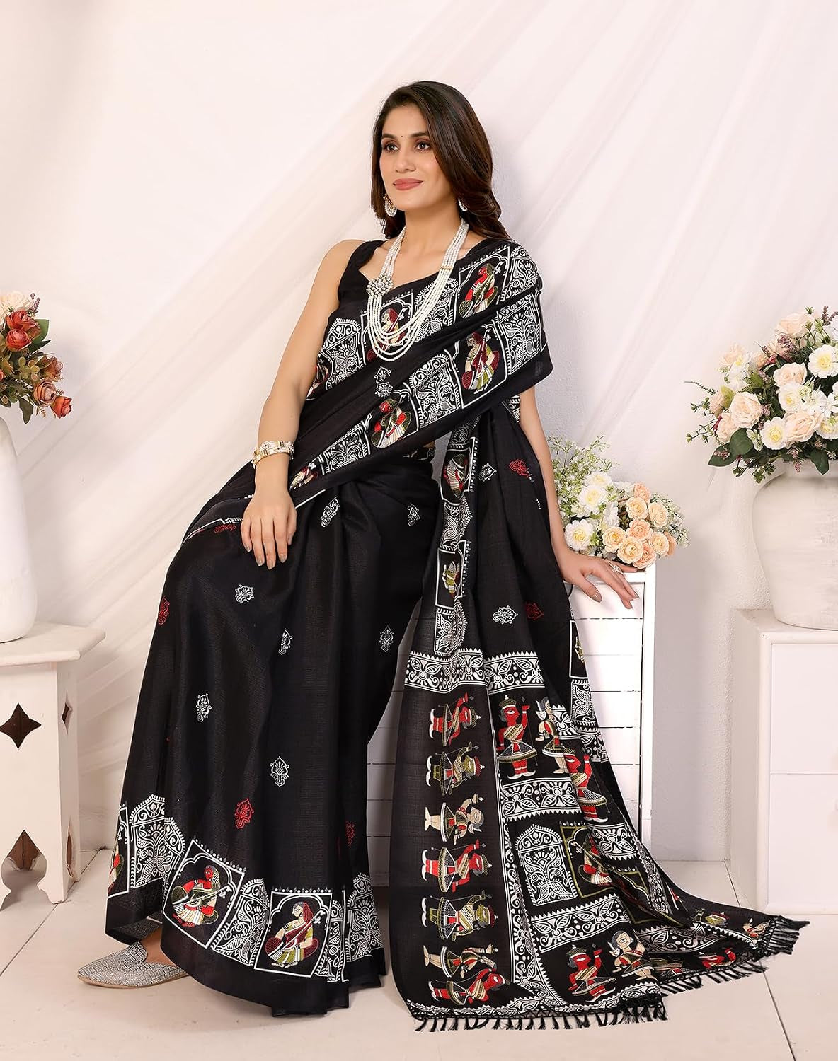 Womens Silk Pom Pom Woven Saree with Unstitched Blouse