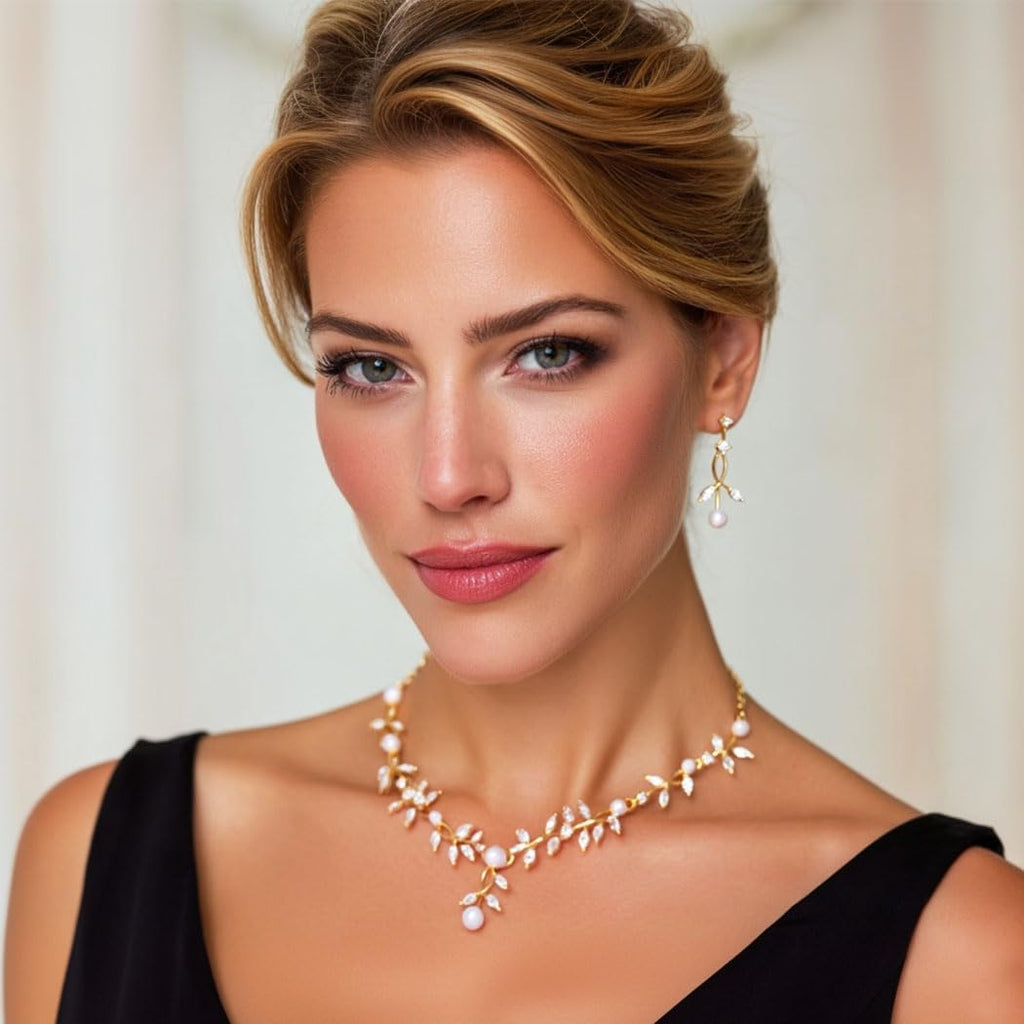 Pearl Jewelry Set Gold Prom Formal Necklace Earrings Bracelet Sets Rhinestone Bridal Wedding Jewelry Sets for Women and Brides