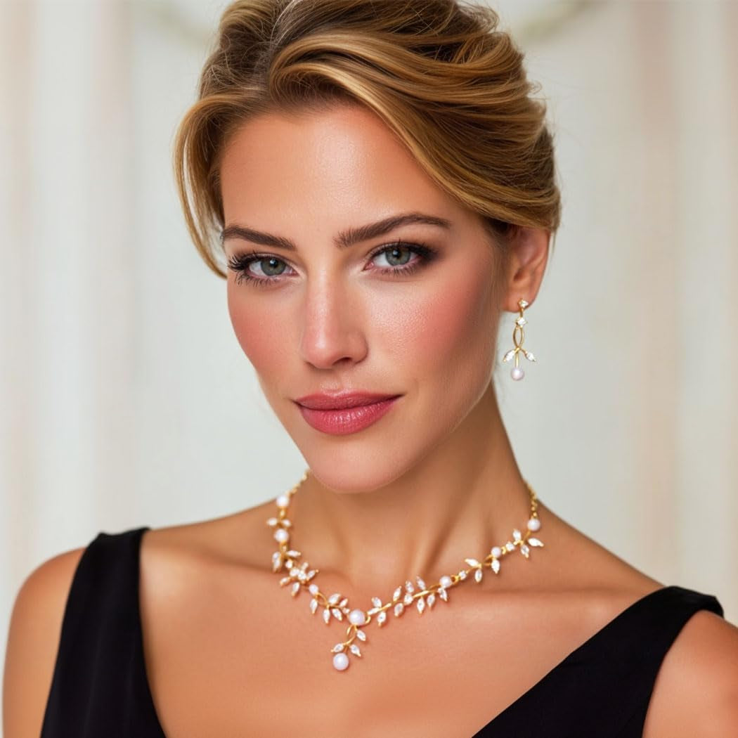 Pearl Jewelry Set Gold Prom Formal Necklace Earrings Bracelet Sets Rhinestone Bridal Wedding Jewelry Sets for Women and Brides