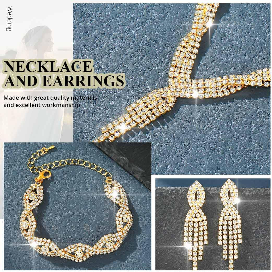Rhinestones Prom Bridal Jewelry Set Sparkly Wedding Necklace Earrings Bracelet Sets for Women and Brides