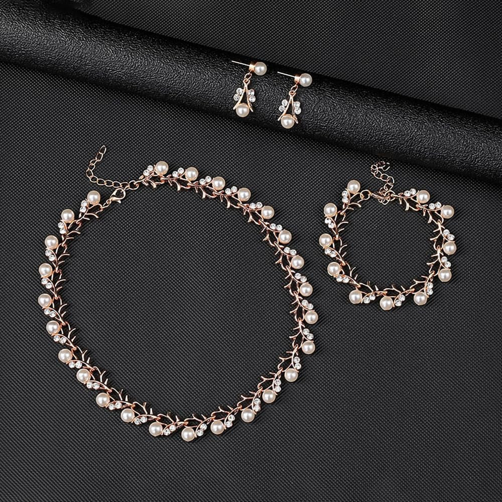 Rhinestone Pearl Wedding Jewelry Set for Bride Bridesmaid Bohemia Adjustable Beaded Crystal Bracelet Necklace Exaggerated Pearl Earring Set for Women