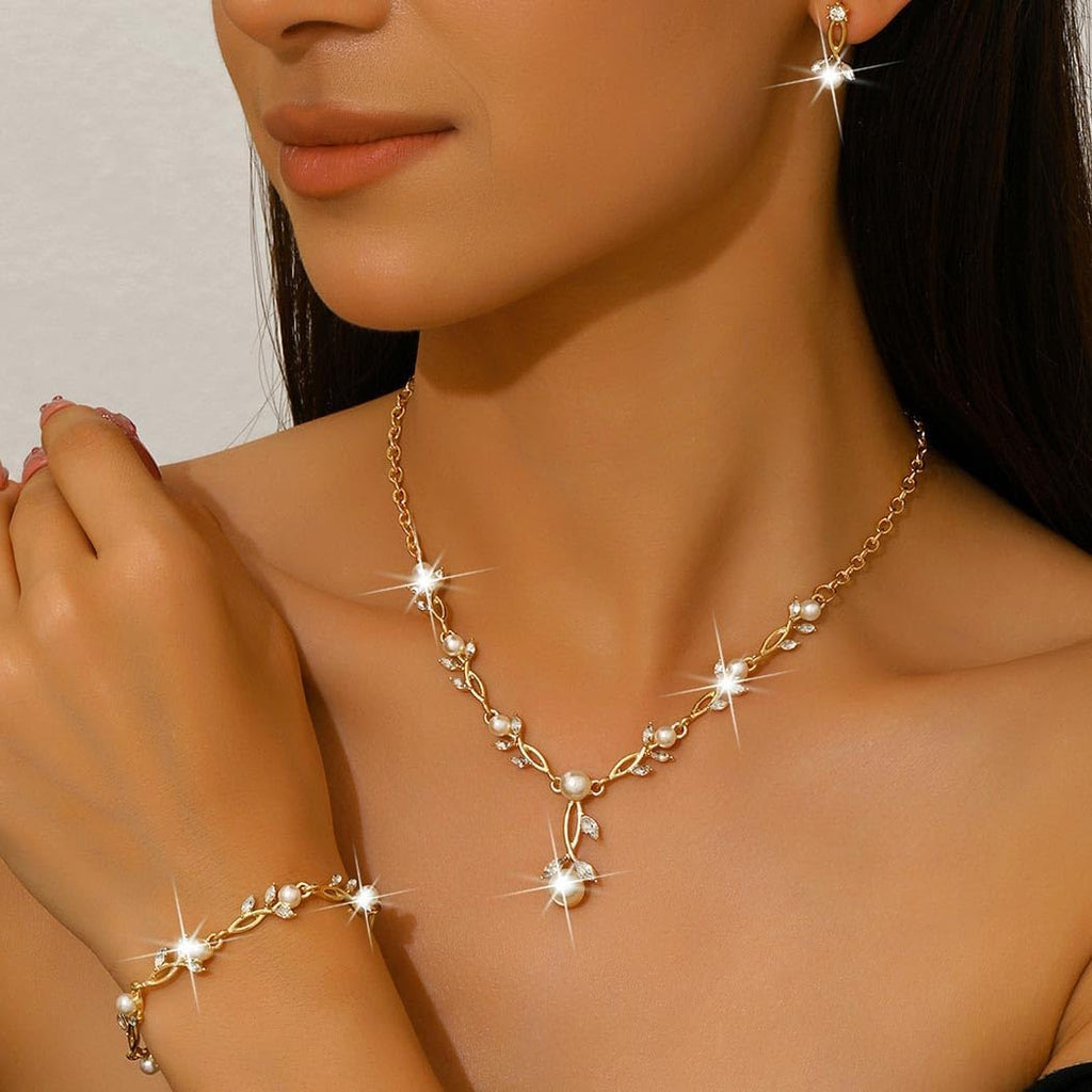 Pearl Jewelry Set Gold Prom Formal Necklace Earrings Bracelet Sets Rhinestone Bridal Wedding Jewelry Sets for Women and Brides