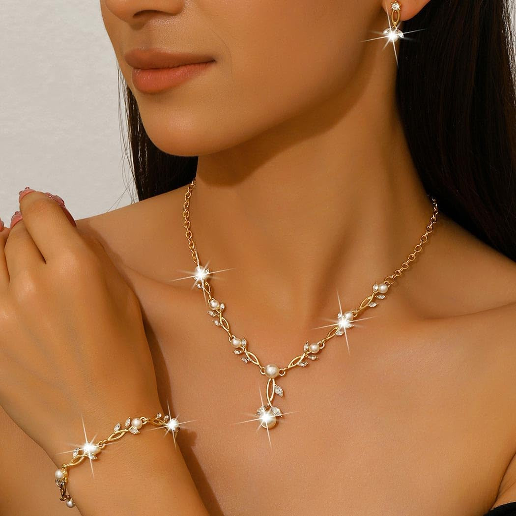Pearl Jewelry Set Gold Prom Formal Necklace Earrings Bracelet Sets Rhinestone Bridal Wedding Jewelry Sets for Women and Brides