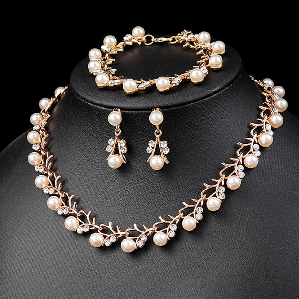 Rhinestone Pearl Wedding Jewelry Set for Bride Bridesmaid Bohemia Adjustable Beaded Crystal Bracelet Necklace Exaggerated Pearl Earring Set for Women