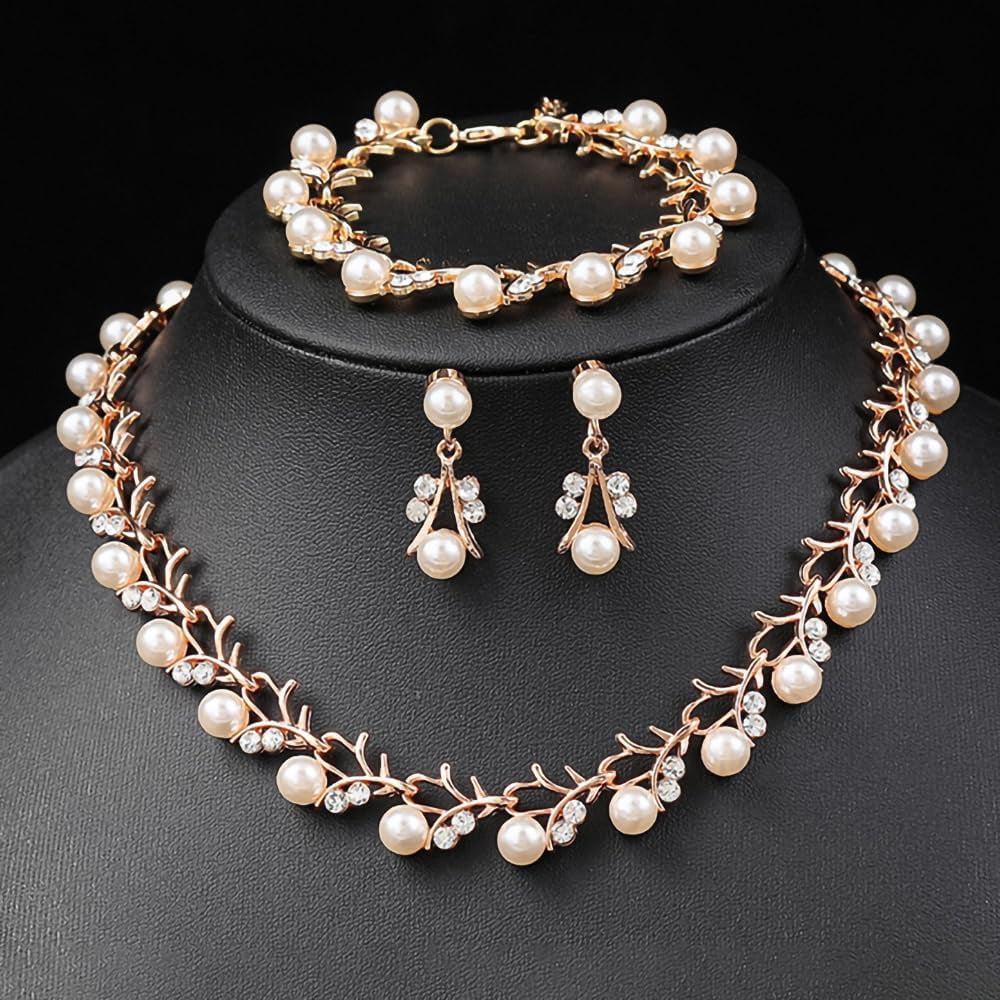 Rhinestone Pearl Wedding Jewelry Set for Bride Bridesmaid Bohemia Adjustable Beaded Crystal Bracelet Necklace Exaggerated Pearl Earring Set for Women