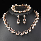 Rhinestone Pearl Wedding Jewelry Set for Bride Bridesmaid Bohemia Adjustable Beaded Crystal Bracelet Necklace Exaggerated Pearl Earring Set for Women