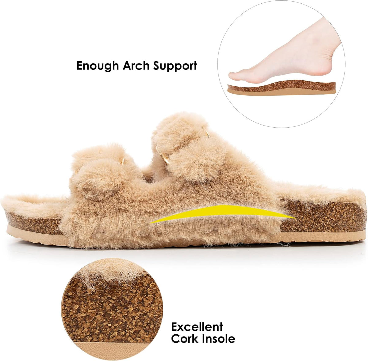 Womens Open Toe Slippers,Faux Rabbit Fur Cork Slides Sandals