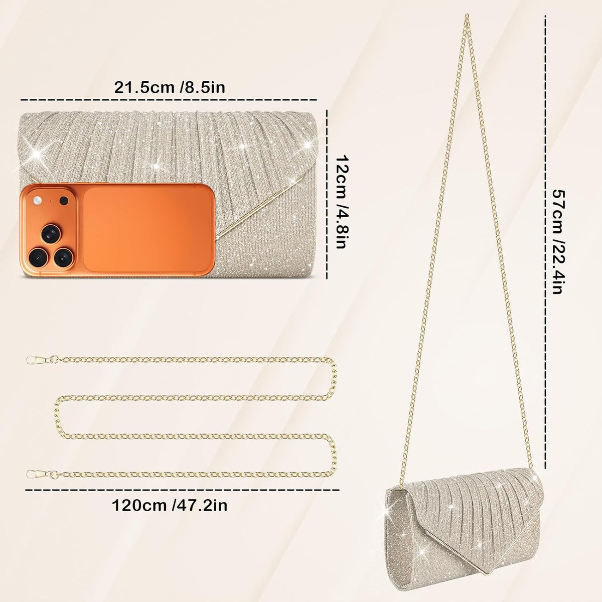 Shiny Clutch Purses for Women, Sequin Envelope Evening Bag Handbags with Chain, Fashion Sparkly Purse for Formal Dressy Wedding Cocktail Prom Party(Champagne)