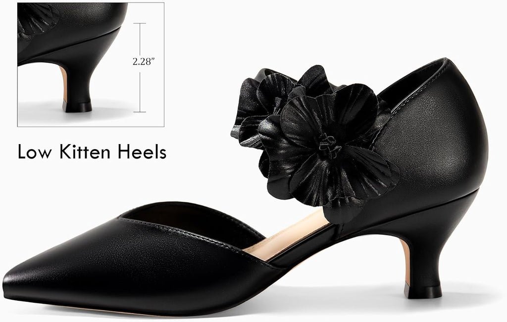 Womens Low Kitten Heels Dressy Shoes Comfortable Closed Toe Flower Slip on Formal Party Dance Heeled Pumps