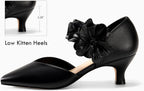 Womens Low Kitten Heels Dressy Shoes Comfortable Closed Toe Flower Slip on Formal Party Dance Heeled Pumps