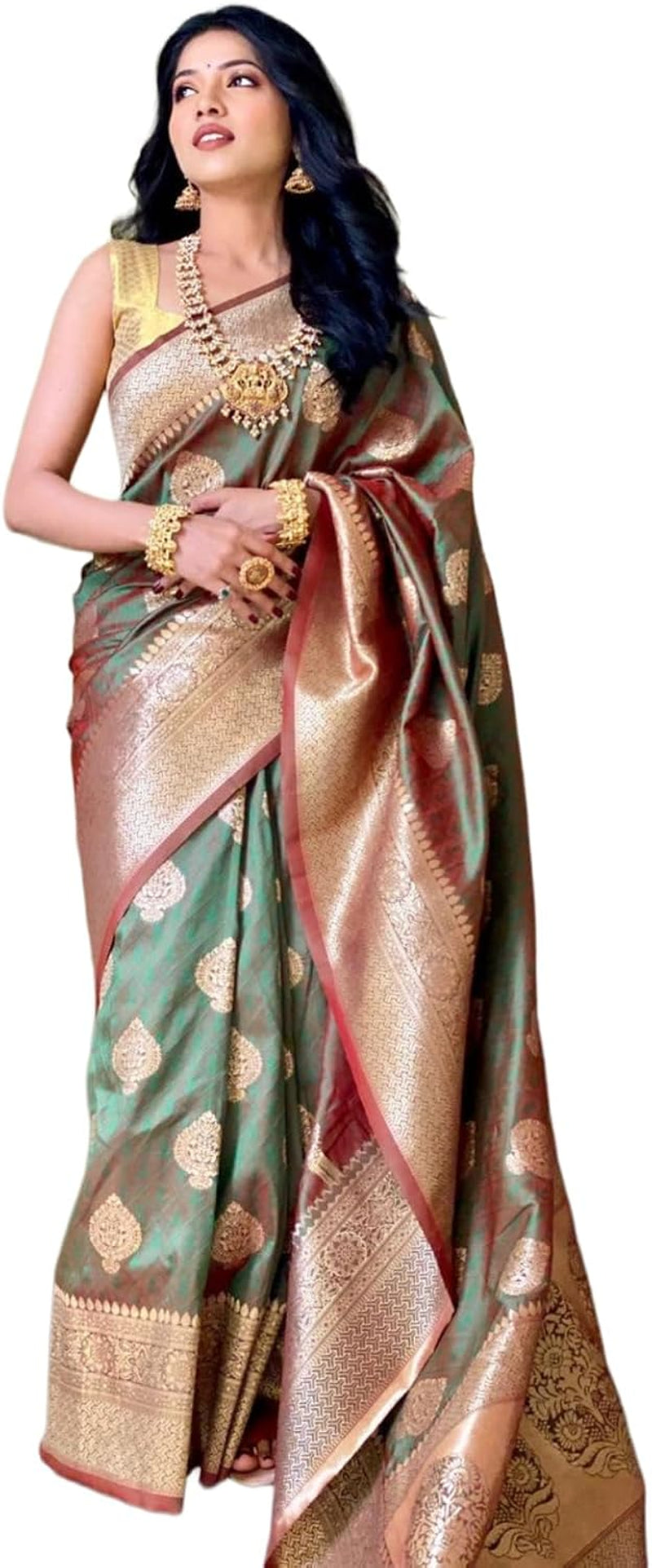 Indian Sarees for Women, Banarasi Art Silk Sari with Unstitched Blouse Piece, Wedding and Festive Wear