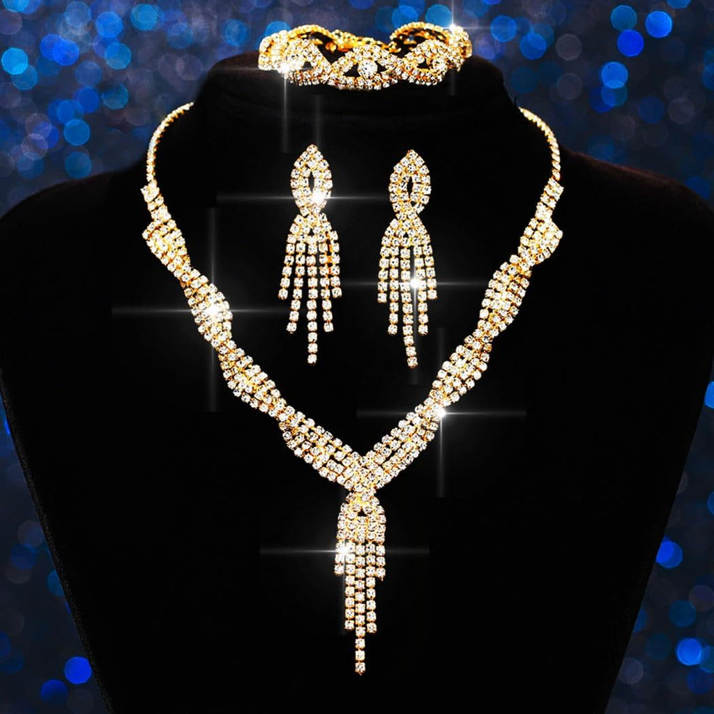 Rhinestones Prom Bridal Jewelry Set Sparkly Wedding Necklace Earrings Bracelet Sets for Women and Brides