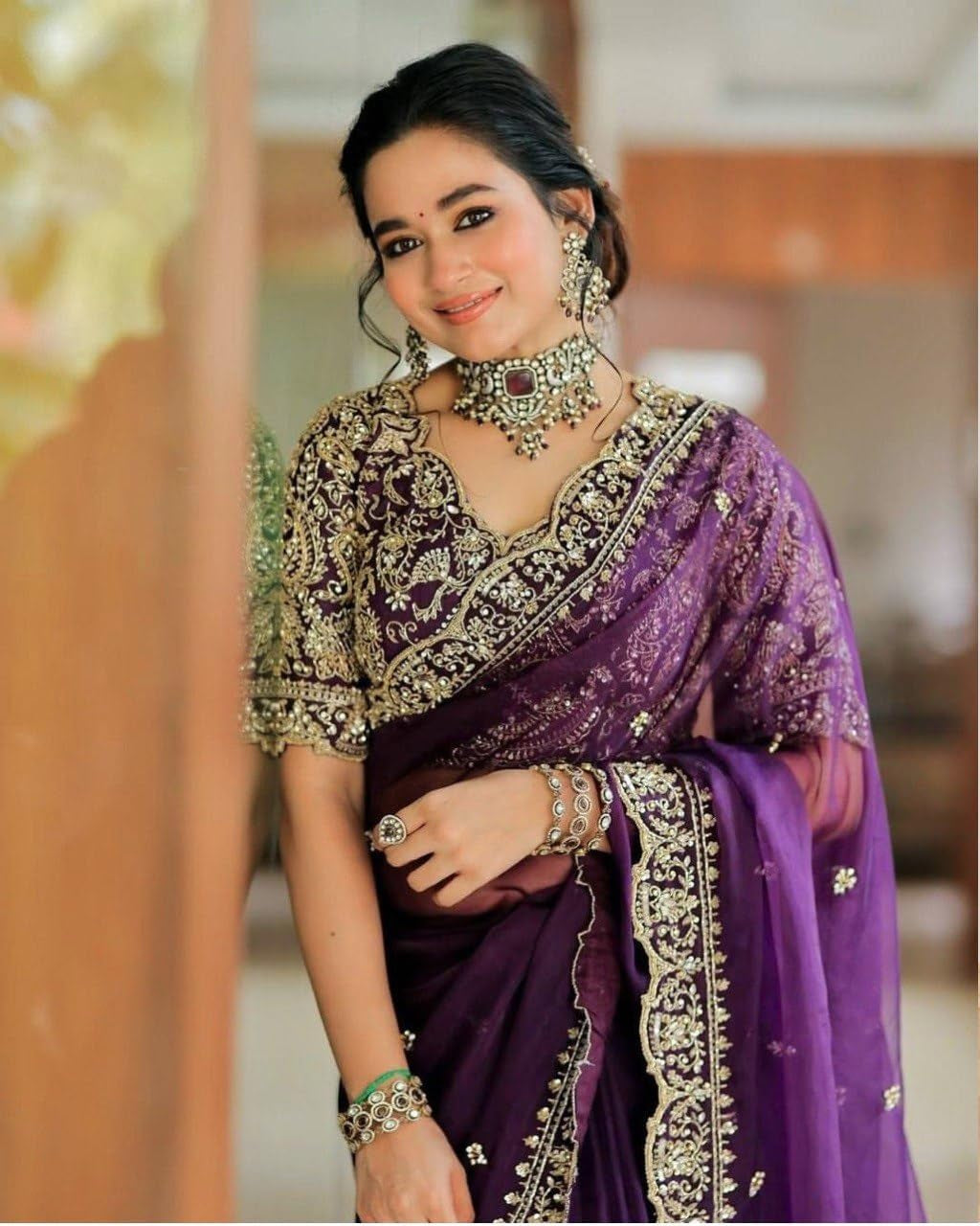 Women'S Oragnza Silk Embroderiy Sequance Work Saree for Women with Unstitched Blouse Piece