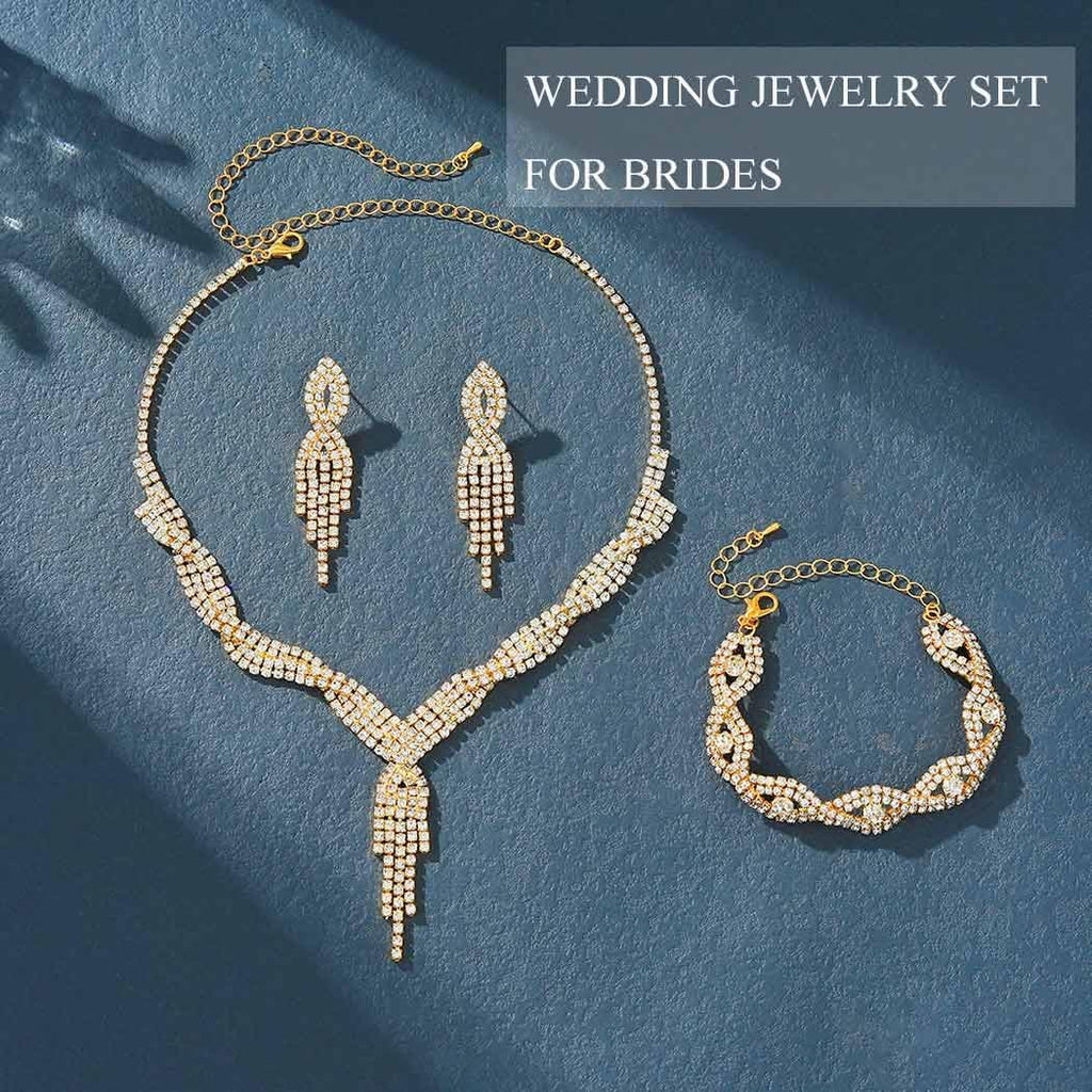 Rhinestones Prom Bridal Jewelry Set Sparkly Wedding Necklace Earrings Bracelet Sets for Women and Brides