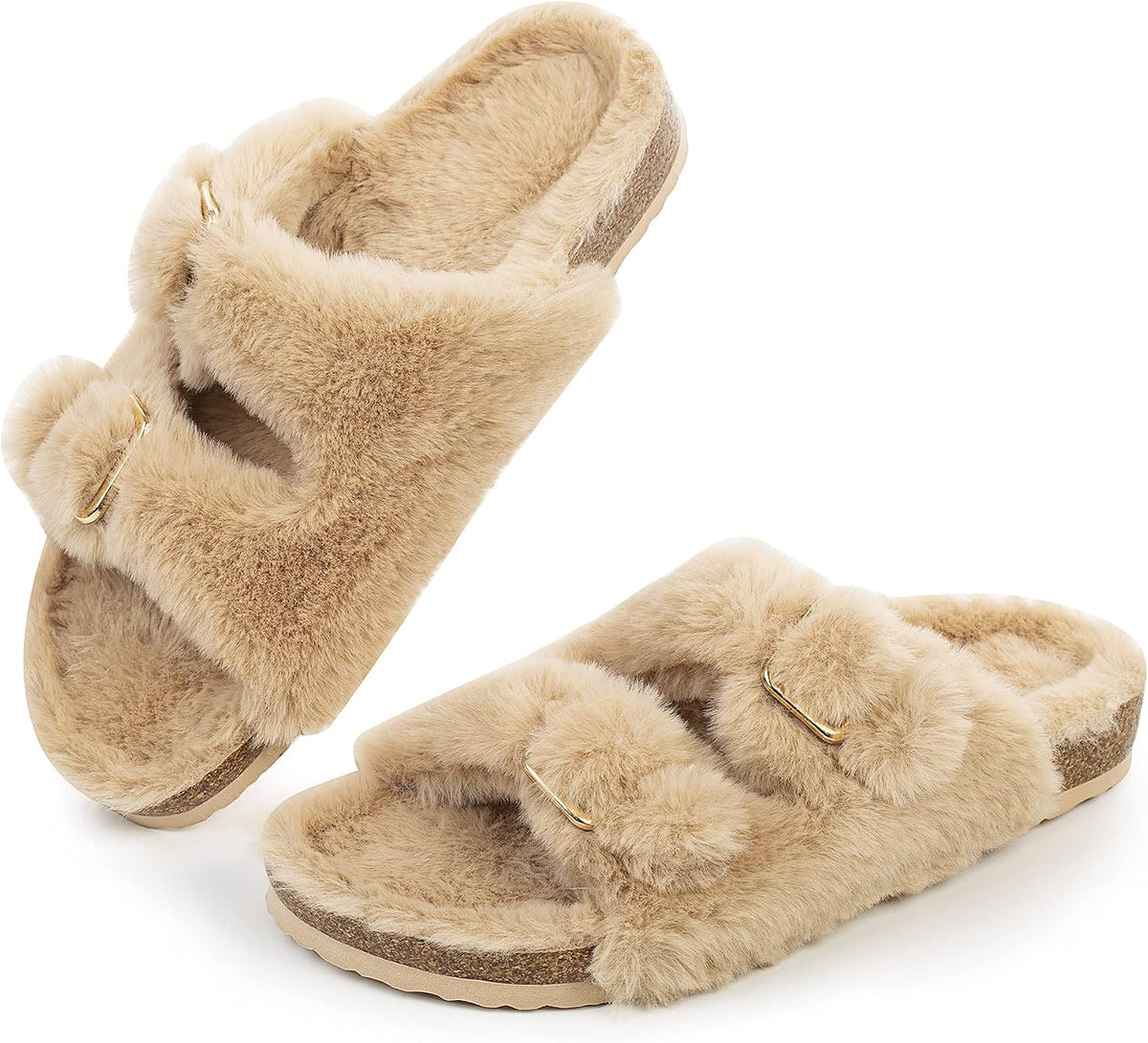 Womens Open Toe Slippers,Faux Rabbit Fur Cork Slides Sandals