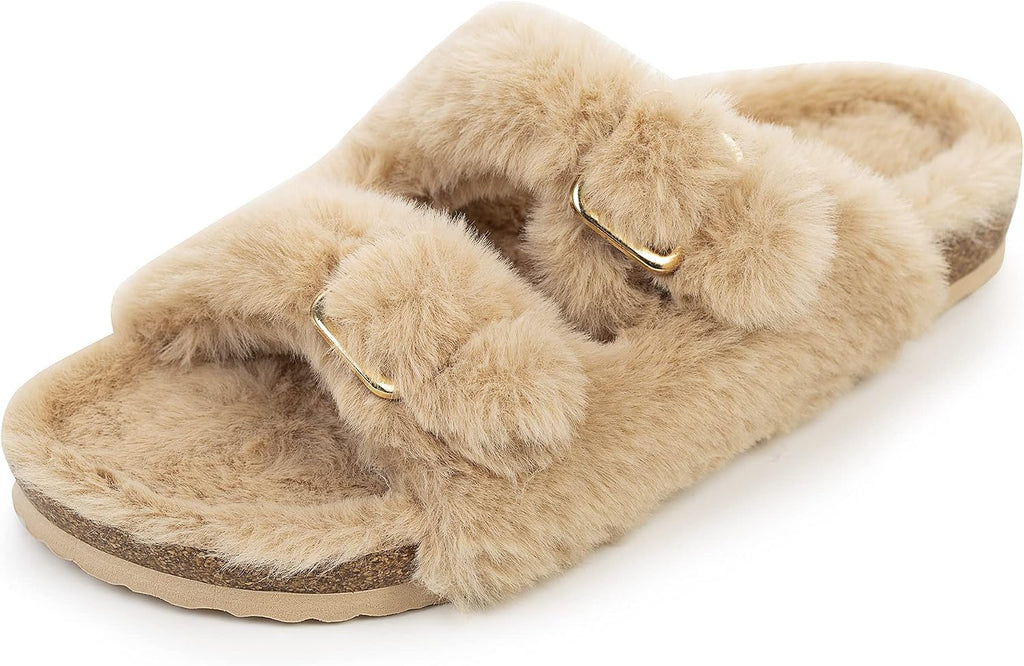 Womens Open Toe Slippers,Faux Rabbit Fur Cork Slides Sandals