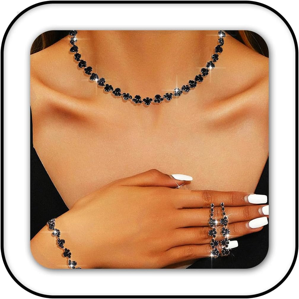 Bridal Wedding Jewelry Set Silver Rhinestones Choker Necklaces Earrings Bracelet Sets Prom Jewelry for Women and Brides